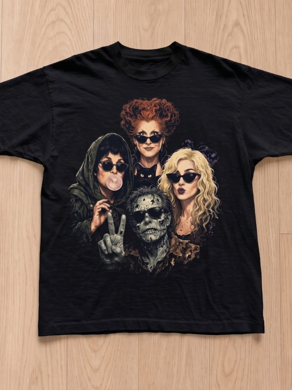 Gildan Black Halloween Tee with Multicolor Retro Horror Quartet Illustration